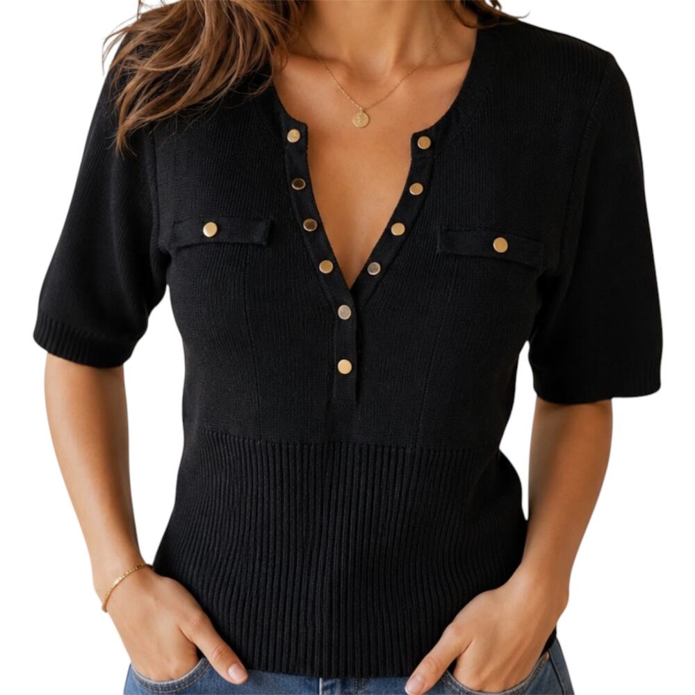 Cache Blouse Top Knitted Deep V-Neck Short Sleeve Button Embellished Black Large